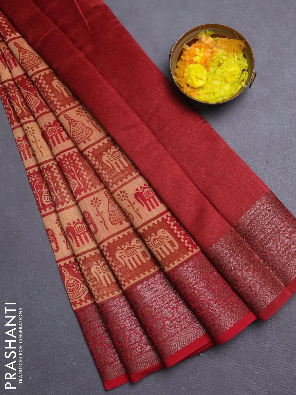 Chanderi silk cotton saree peach orange and red with allover butta prints and banarasi style border