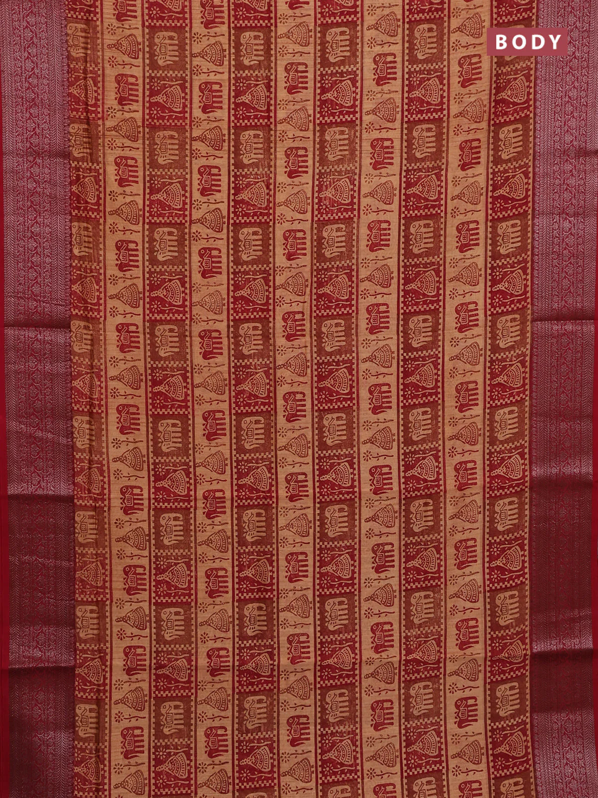Chanderi silk cotton saree peach orange and red with allover butta prints and banarasi style border - Image 2