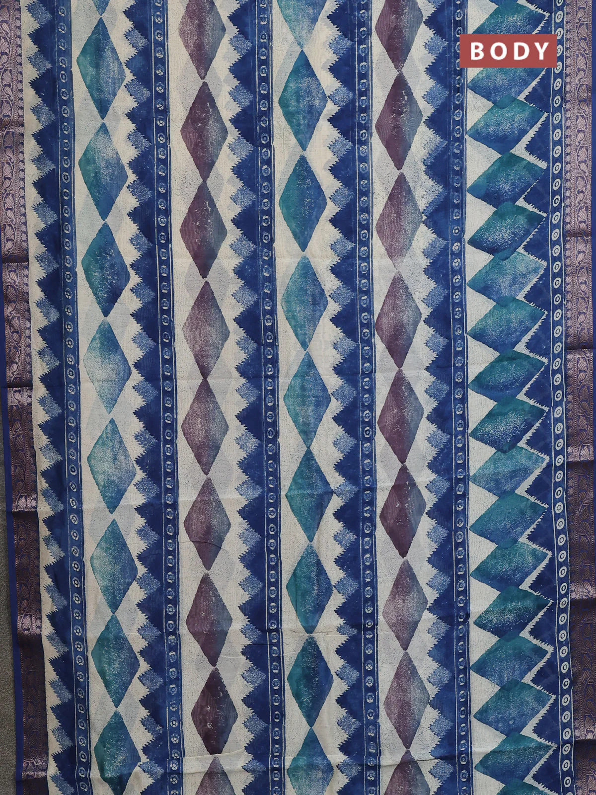 Chanderi silk cotton saree peacock blue and beige with allover geometric prints and banarasi style border - Image 2
