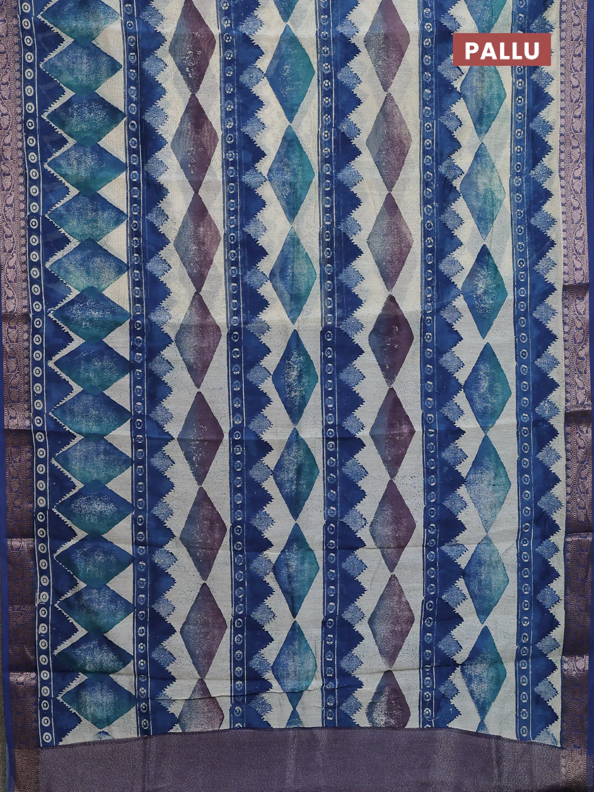 Chanderi silk cotton saree peacock blue and beige with allover geometric prints and banarasi style border - Image 3