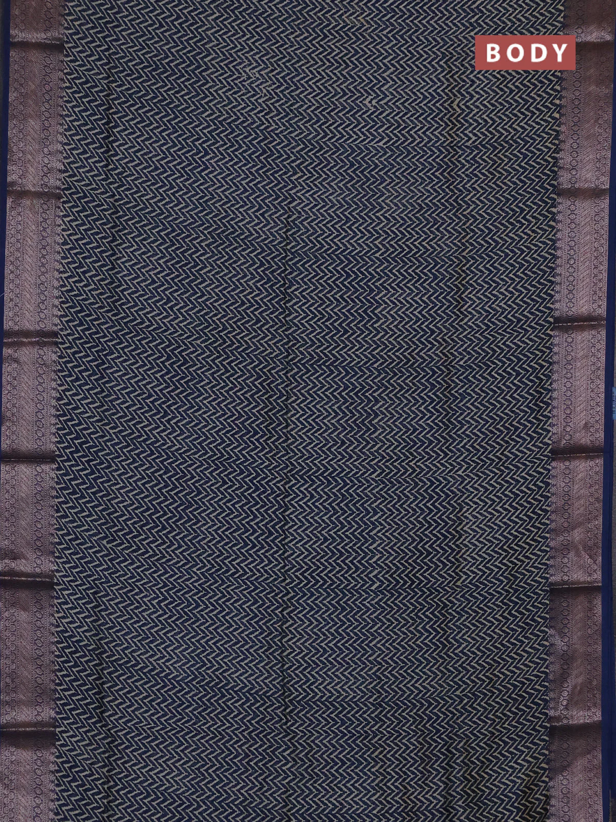 Chanderi silk cotton saree peacock blue and beige with allover zig zag prints and banarasi style border - Image 2