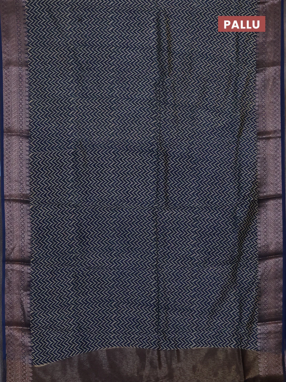 Chanderi silk cotton saree peacock blue and beige with allover zig zag prints and banarasi style border - Image 3