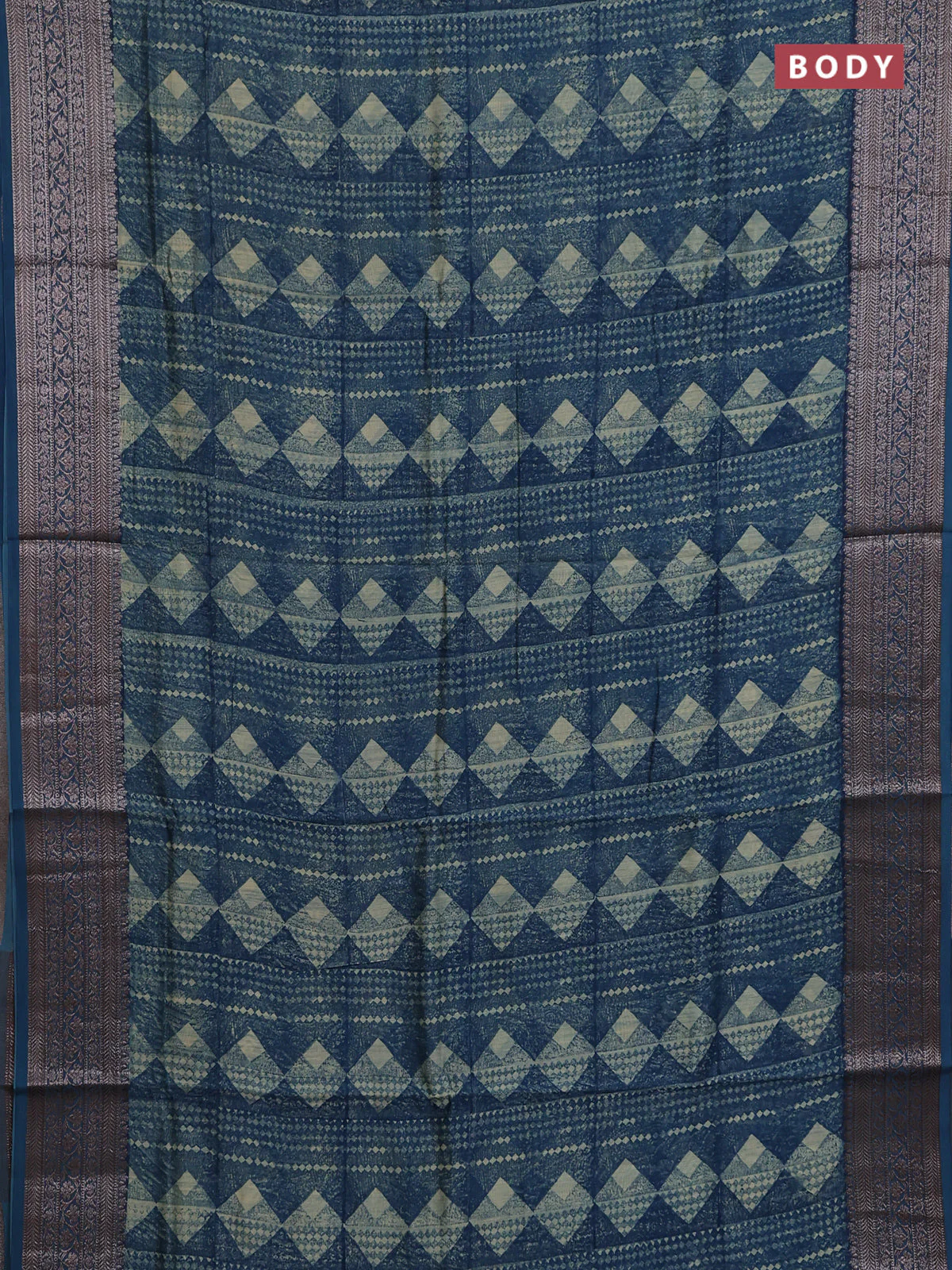 Chanderi silk cotton saree peacock blue with allover geometric prints and banarasi style border - Image 2