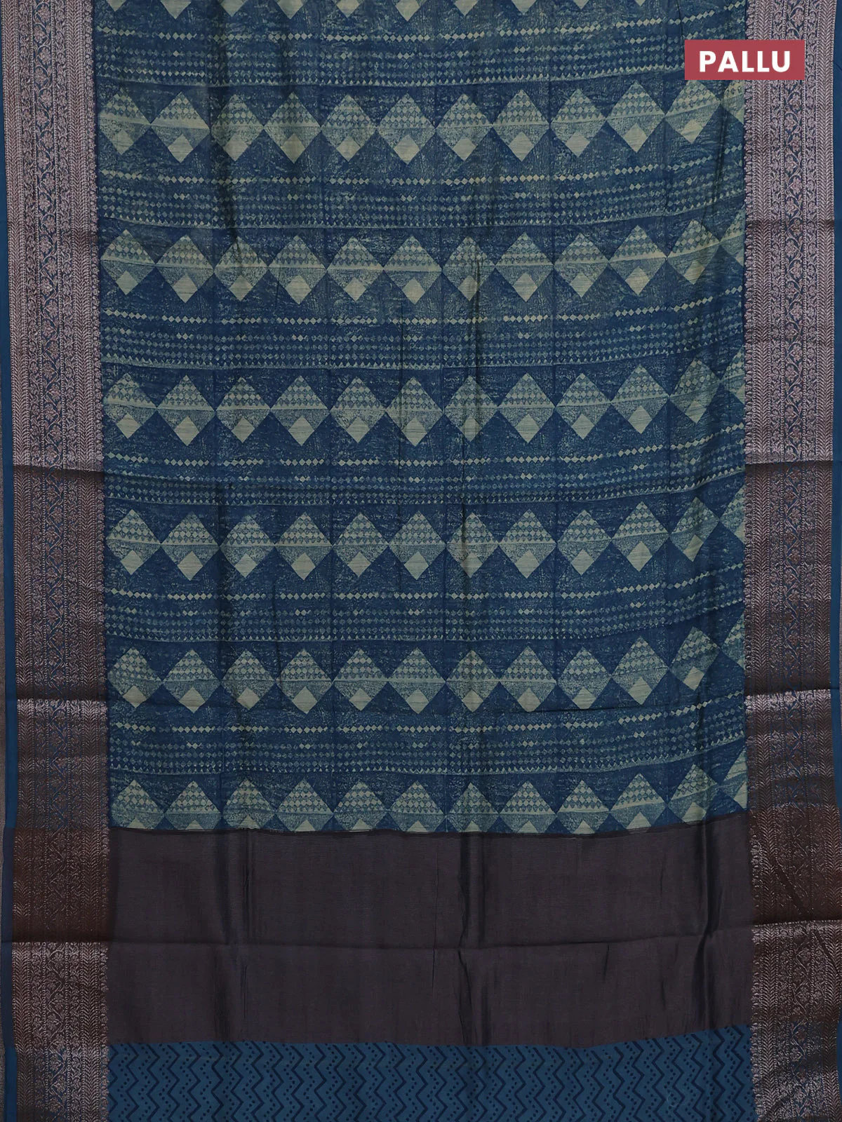 Chanderi silk cotton saree peacock blue with allover geometric prints and banarasi style border - Image 3