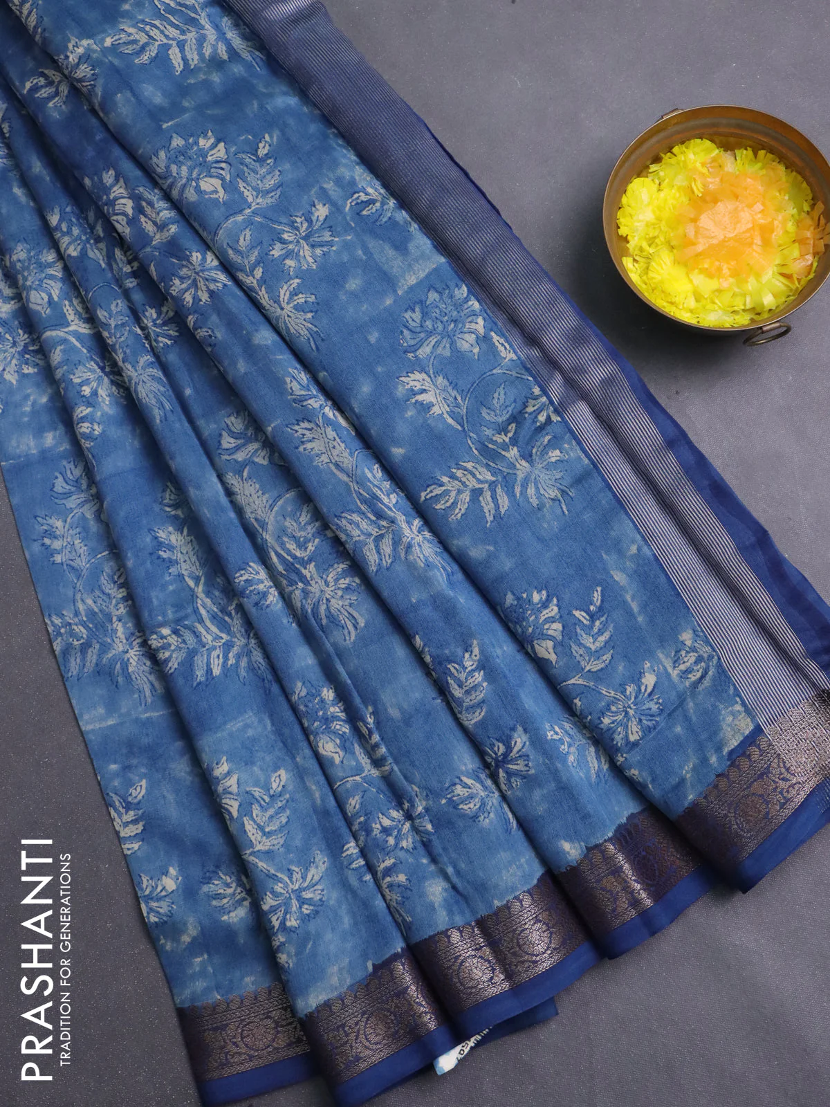 Chanderi silk cotton saree peacock blue with allover prints and banarasi style border