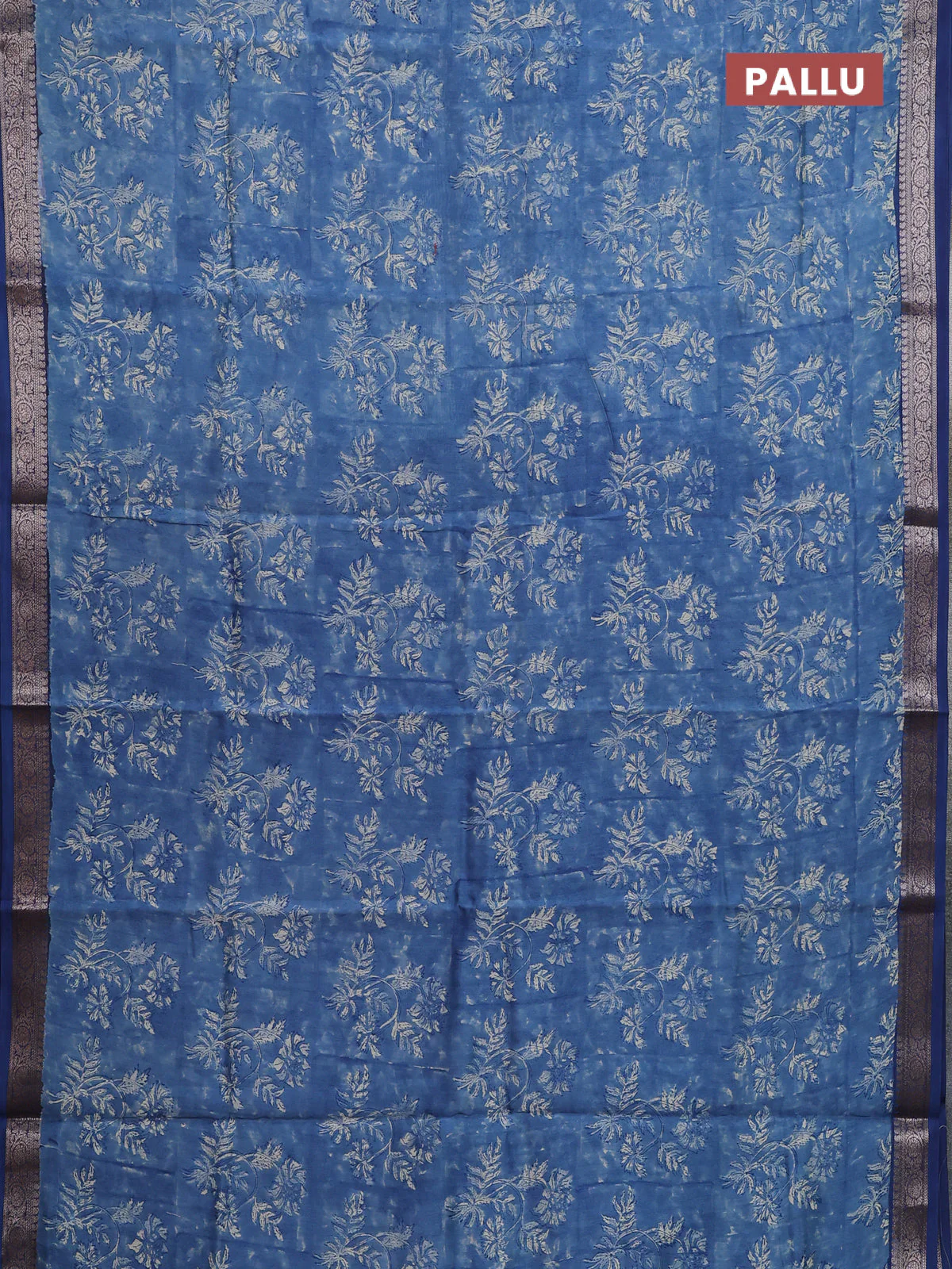 Chanderi silk cotton saree peacock blue with allover prints and banarasi style border - Image 3