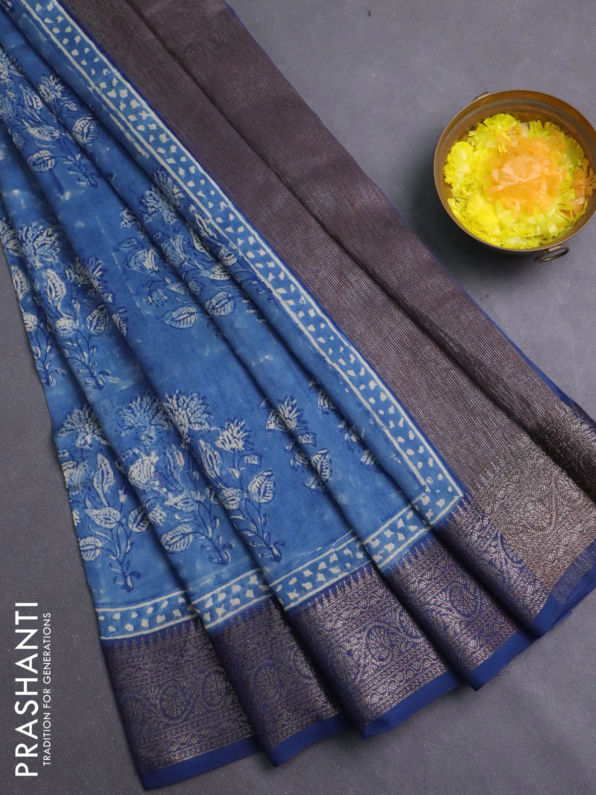 Chanderi silk cotton saree peacock blue with allover prints and banarasi style border