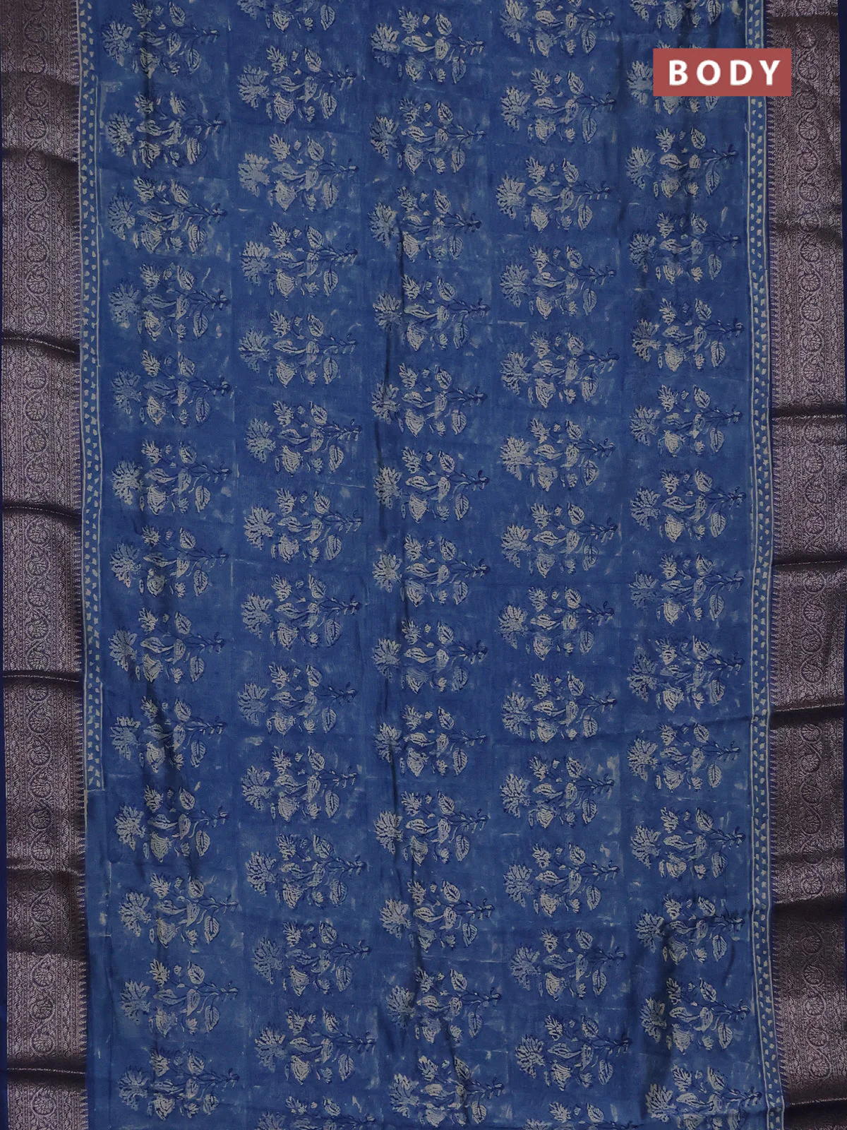 Chanderi silk cotton saree peacock blue with allover prints and banarasi style border - Image 2