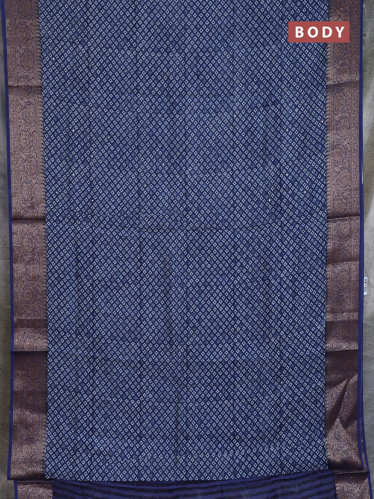Chanderi silk cotton saree peacock blue with allover prints & mirror work and banarasi style border - Image 2