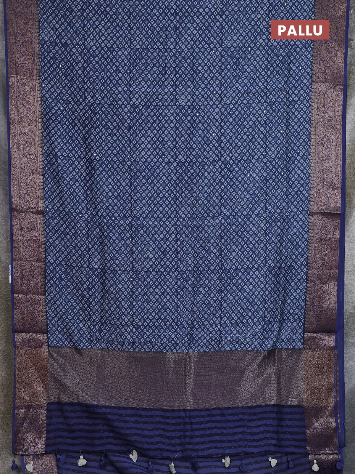 Chanderi silk cotton saree peacock blue with allover prints & mirror work and banarasi style border - Image 3