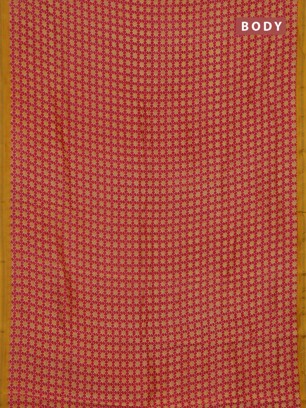 Chanderi silk cotton saree pink and yellow with allover prints and zari woven borde - Image 2
