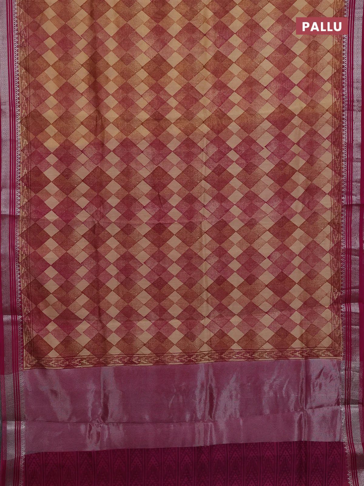 Chanderi silk cotton saree pink with allover geometric prints and silver zari woven border - Image 3