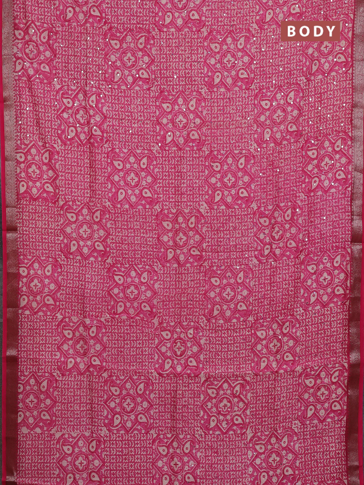 Chanderi silk cotton saree pink with allover prints & mirror work and banarasi style border - Image 2