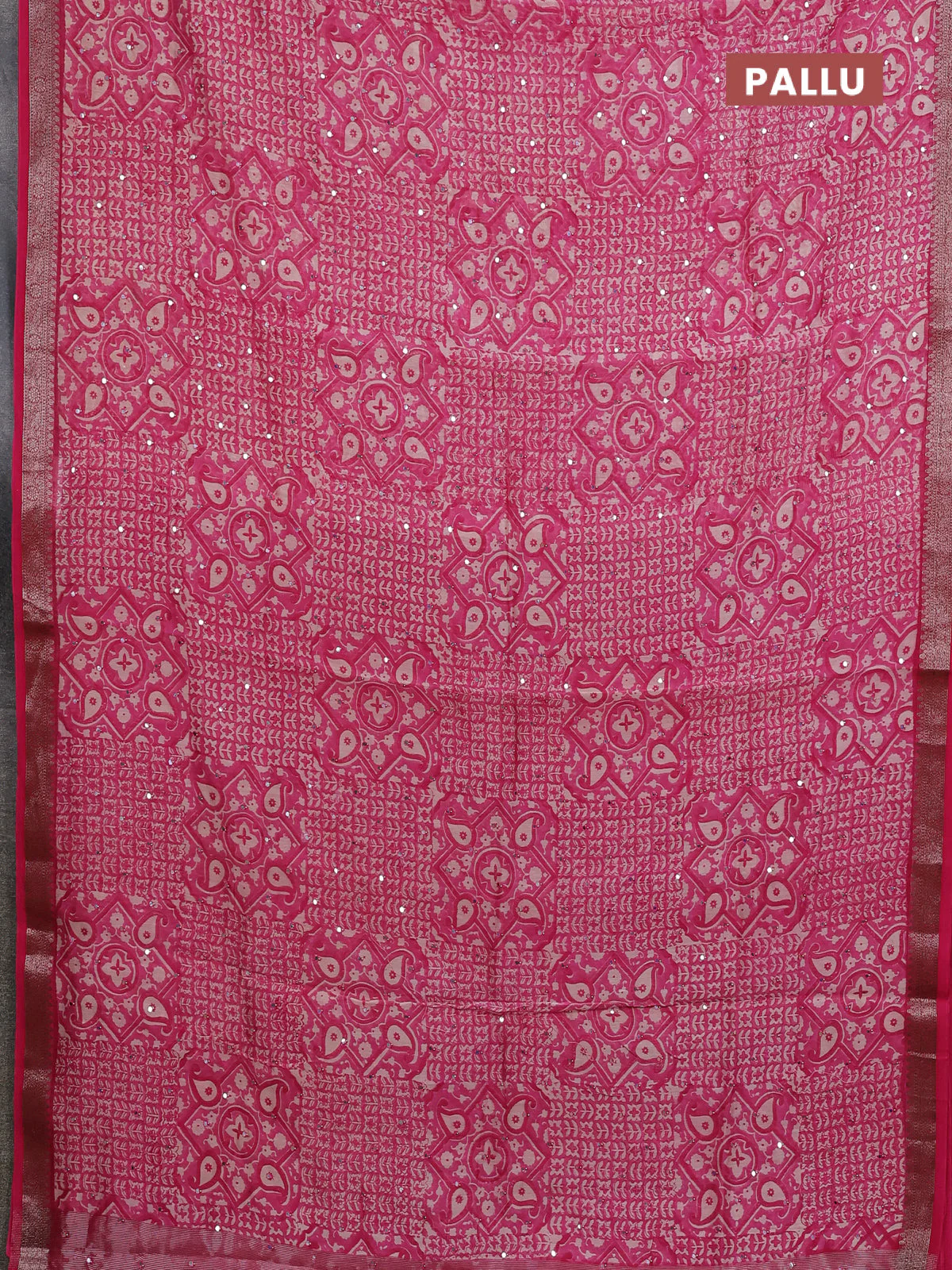 Chanderi silk cotton saree pink with allover prints & mirror work and banarasi style border - Image 3