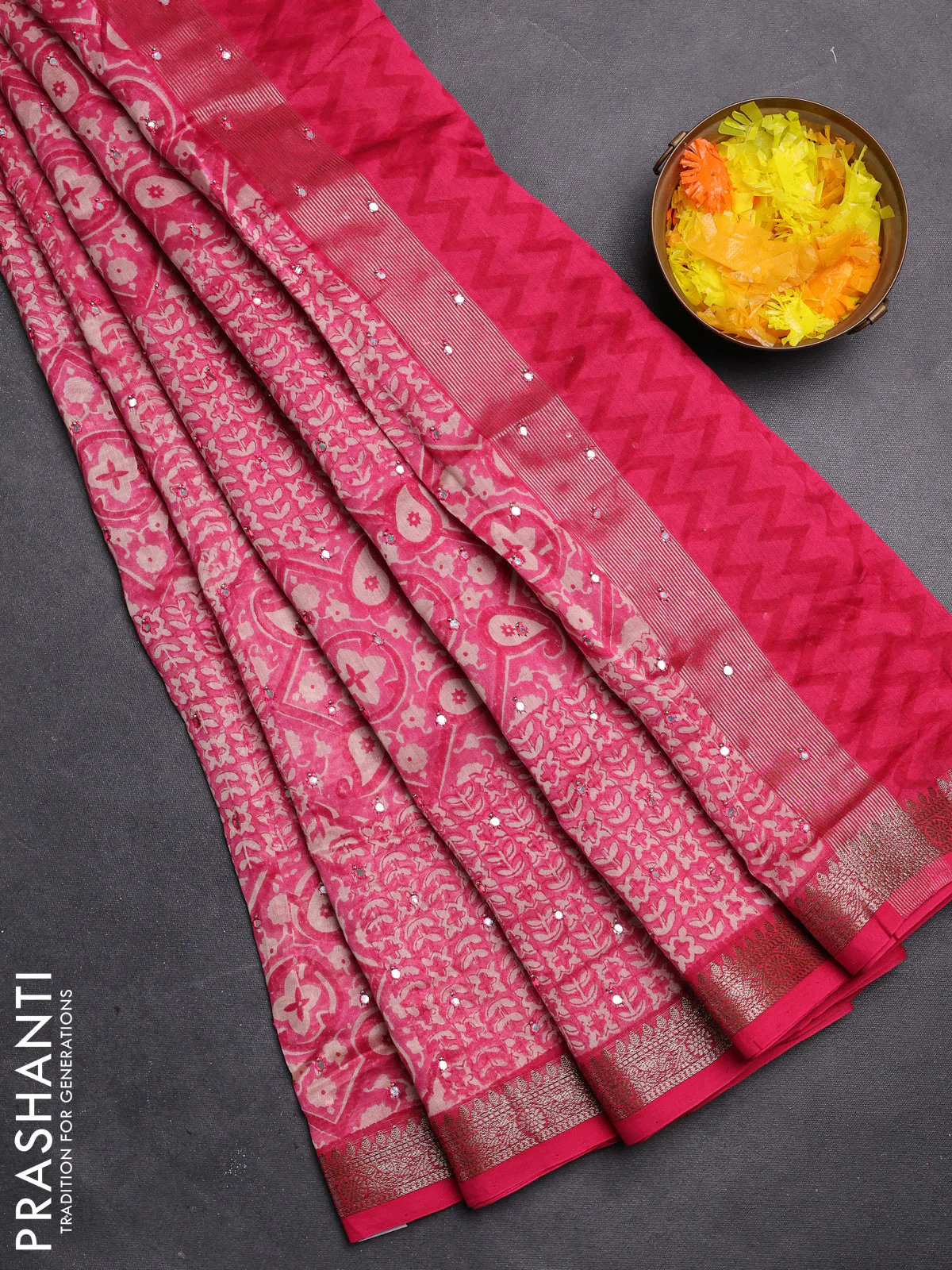 Chanderi silk cotton saree pink with allover prints & mirror work and zari woven border