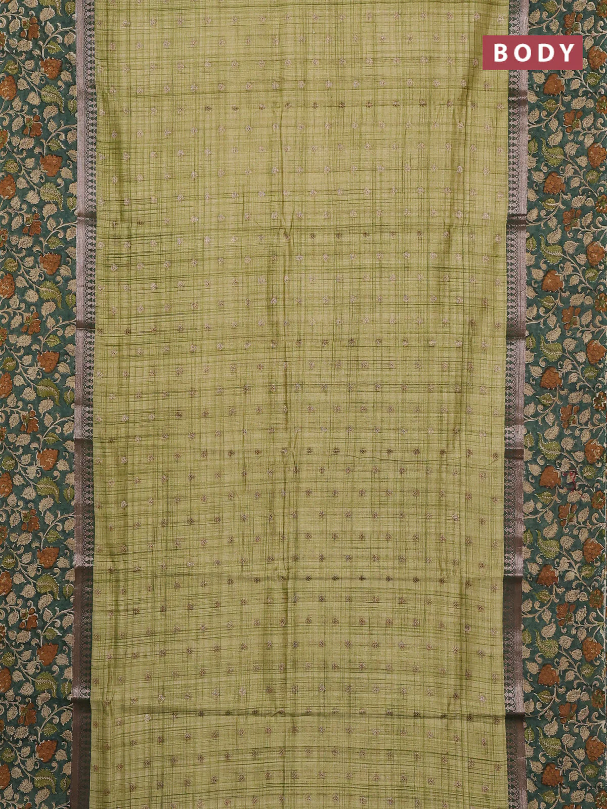 Chanderi silk cotton saree pista green and green shade with allover zari buttas and printed border - Image 2