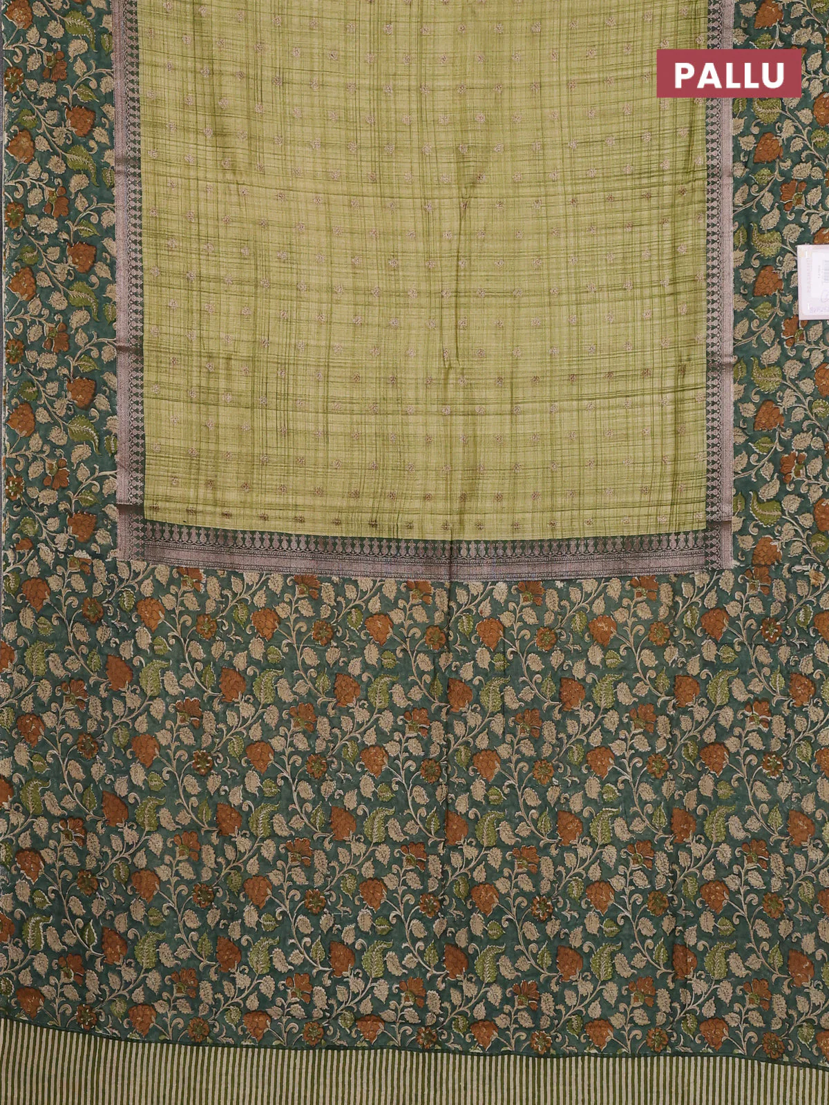 Chanderi silk cotton saree pista green and green shade with allover zari buttas and printed border - Image 3