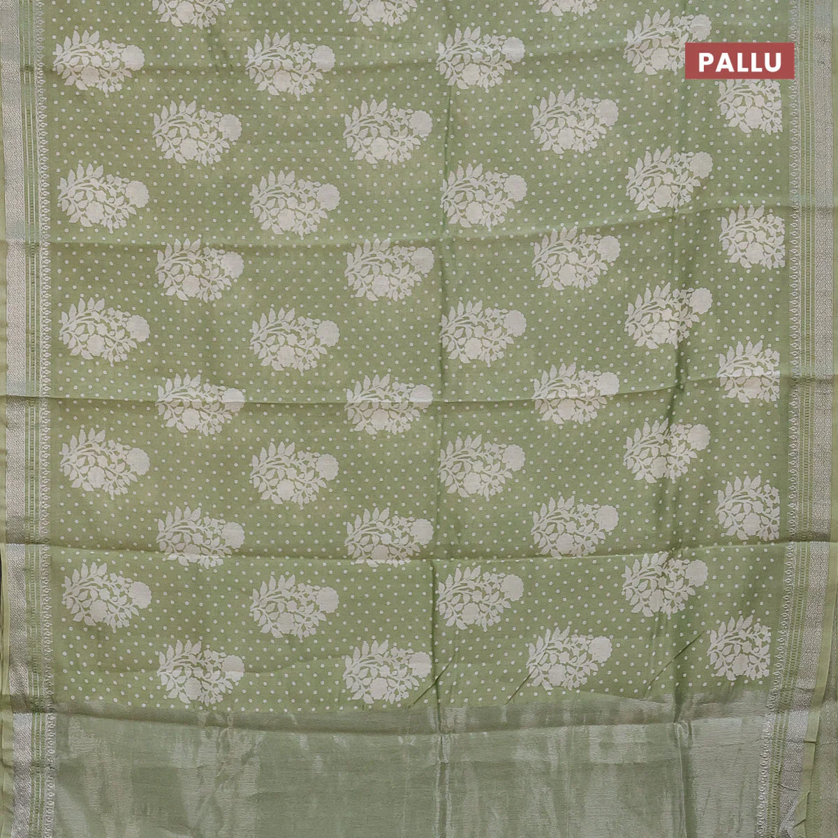 Chanderi silk cotton saree pista green shade with allover floral prints and silver zari woven border - Image 3