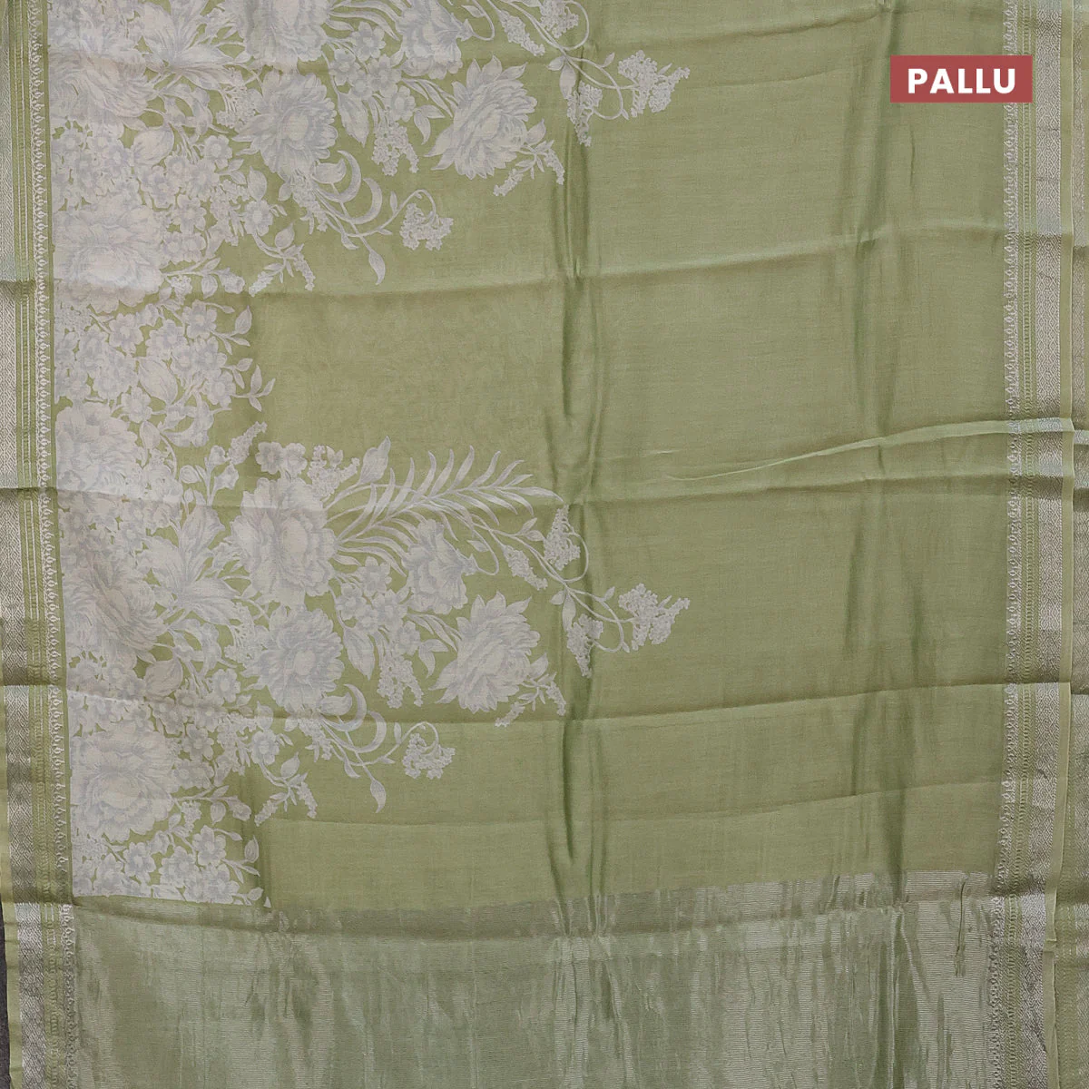 Chanderi silk cotton saree pista green with allover floral prints and zari woven border - Image 3