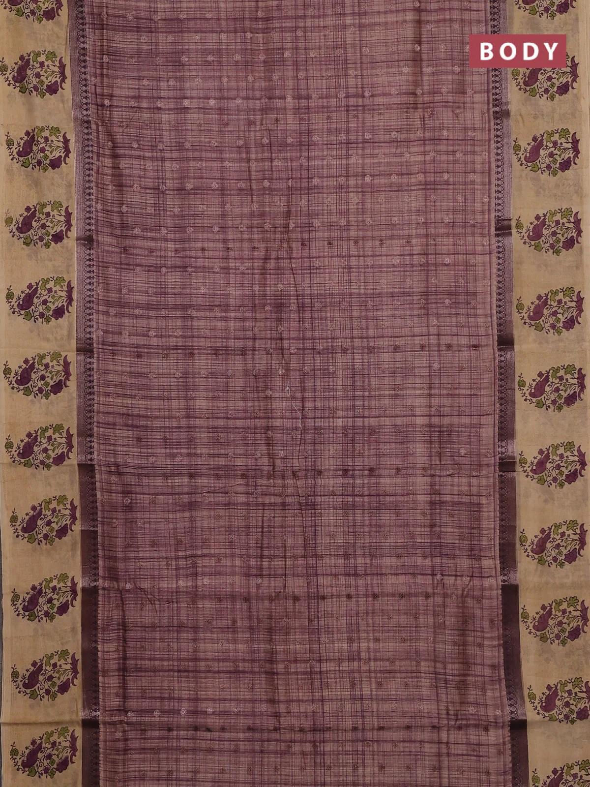 Chanderi silk cotton saree purple shade and beige with allover zari buttas & prints and printed butta border - Image 2