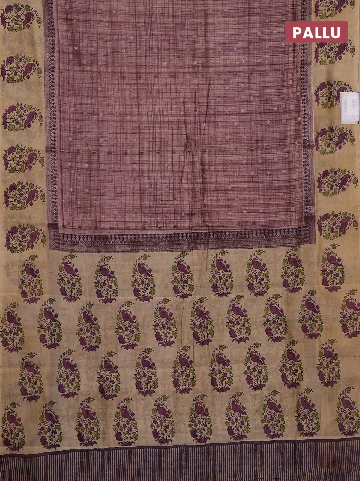 Chanderi silk cotton saree purple shade and beige with allover zari buttas & prints and printed butta border - Image 3