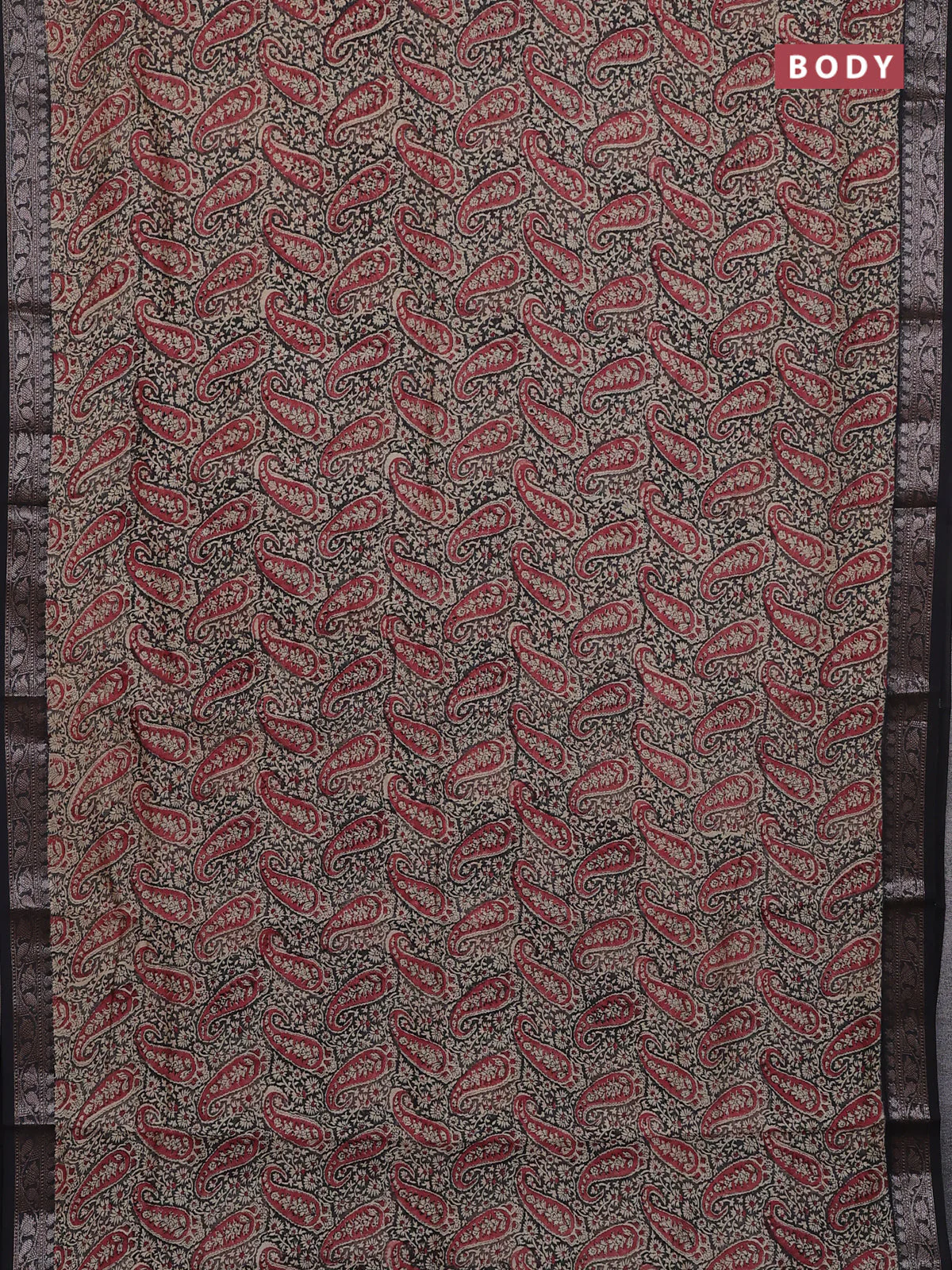 Chanderi silk cotton saree red and black with allover paisley prints and banarasi style border - Image 2