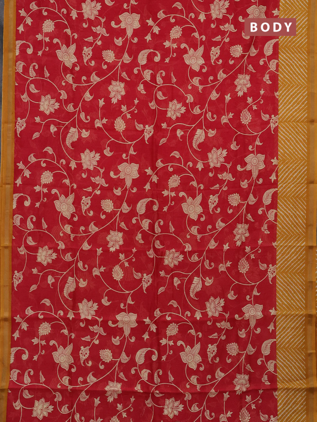 Chanderi silk cotton saree red and dark mustard with allover kalmakari prints and zari woven border - Image 2
