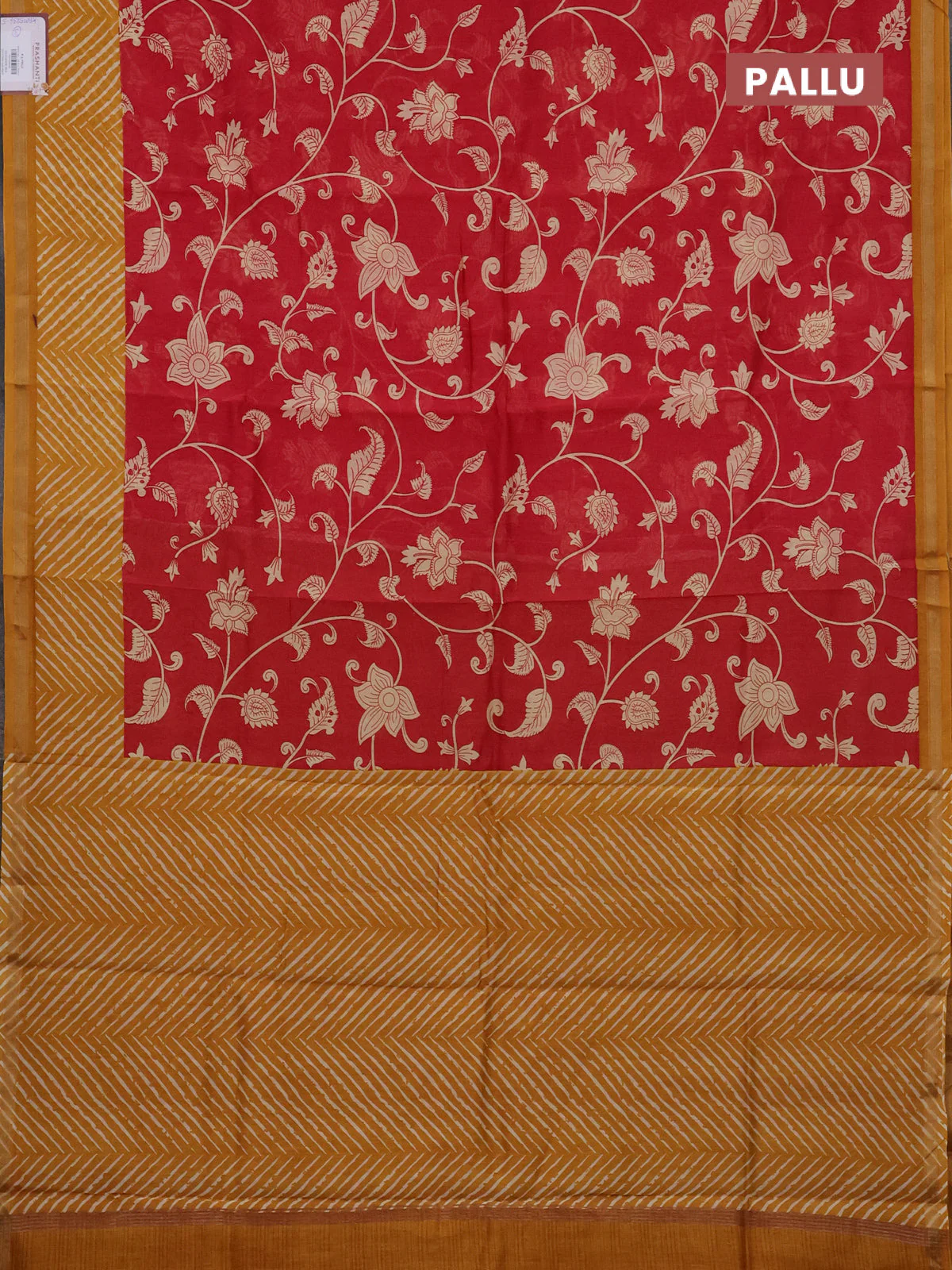 Chanderi silk cotton saree red and dark mustard with allover kalmakari prints and zari woven border - Image 3