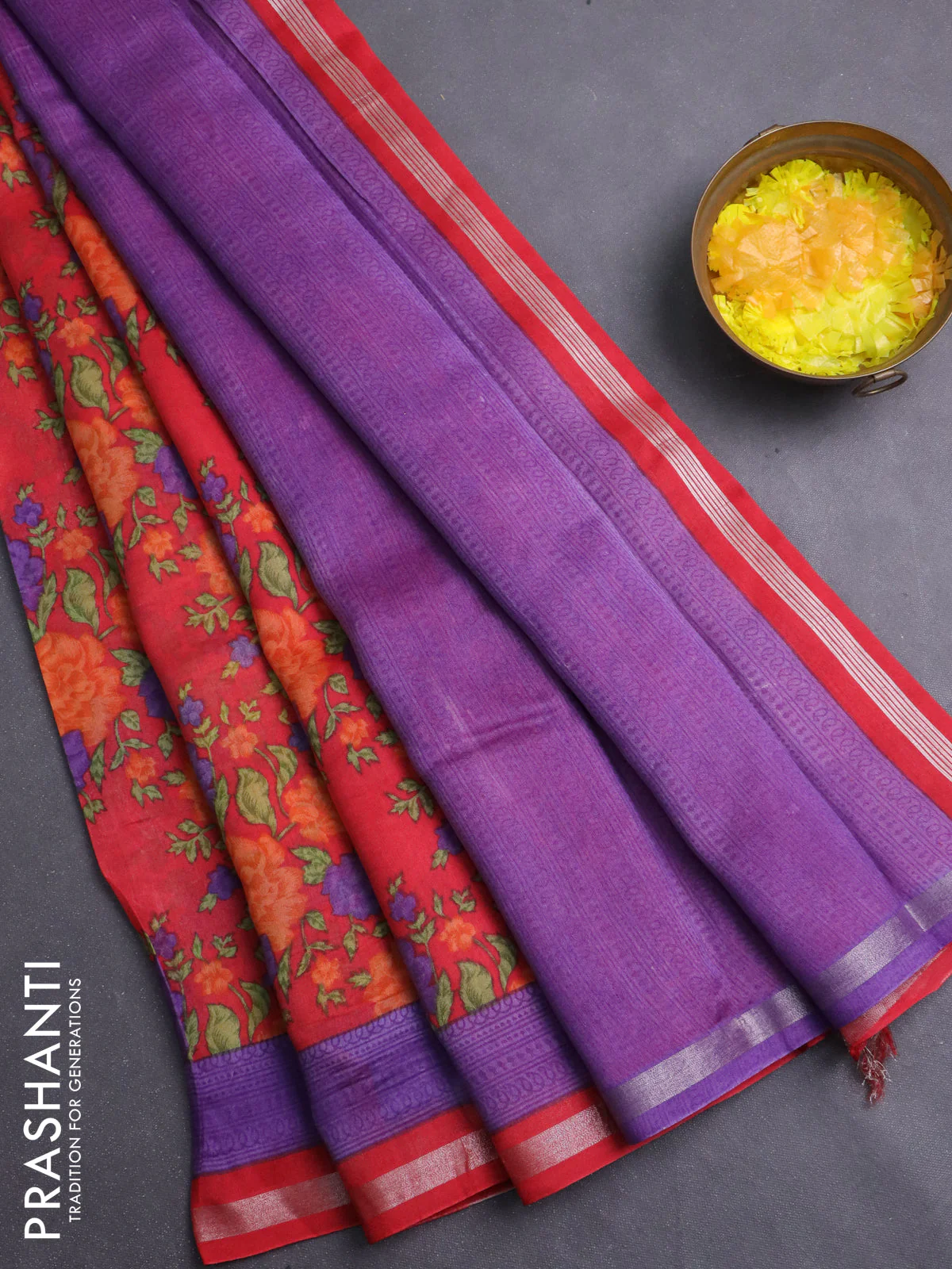 Chanderi silk cotton saree red and lavender with allover prints and zari woven borde
