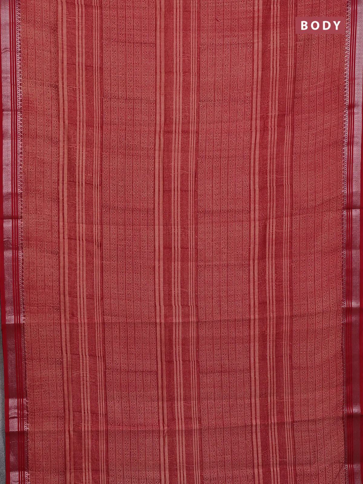 Chanderi silk cotton saree red with allover prints and silver zari woven border - Image 2