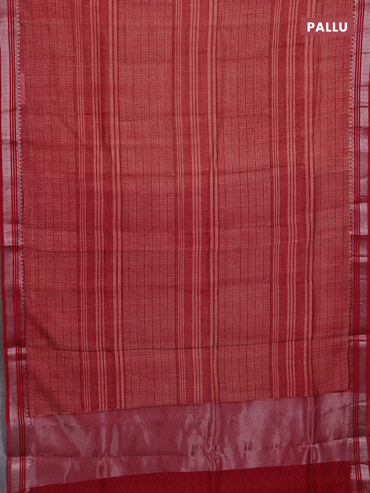Chanderi silk cotton saree red with allover prints and silver zari woven border - Image 3