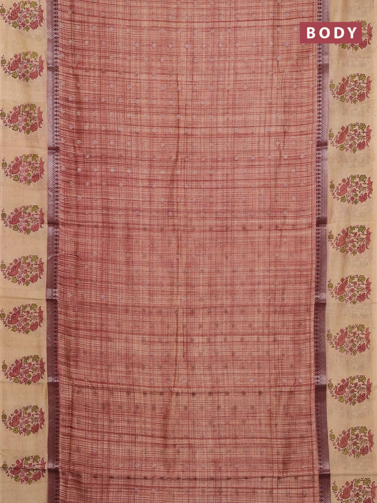 Chanderi silk cotton saree rust shade and beige with allover zari buttas & prints and printed butta border - Image 2