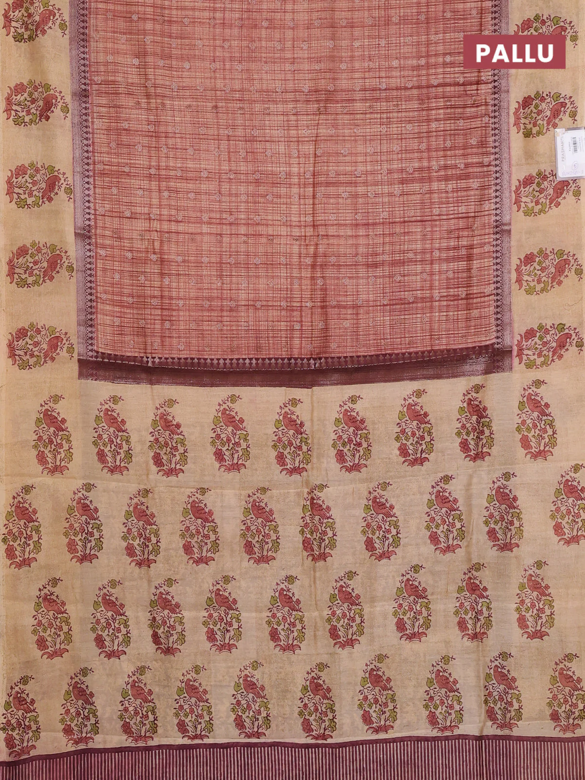 Chanderi silk cotton saree rust shade and beige with allover zari buttas & prints and printed butta border - Image 3