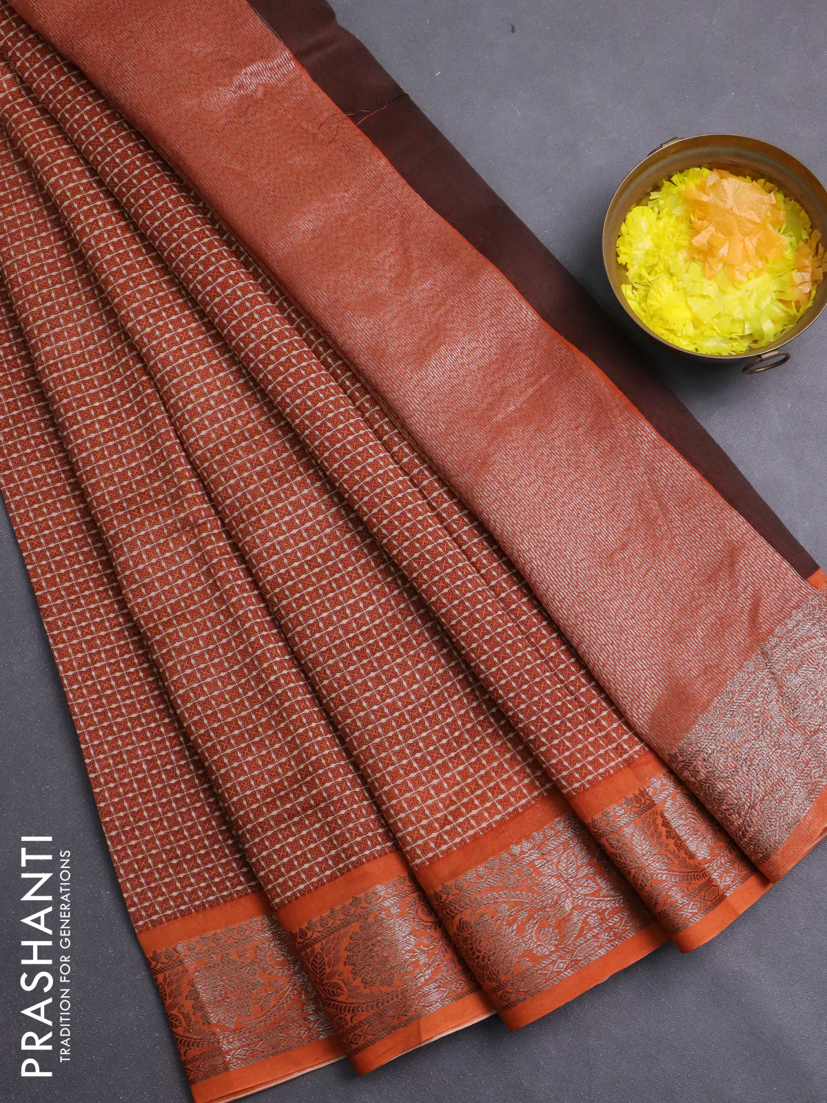 Chanderi silk cotton saree rust shade and orange with allover prints and banarasi style border
