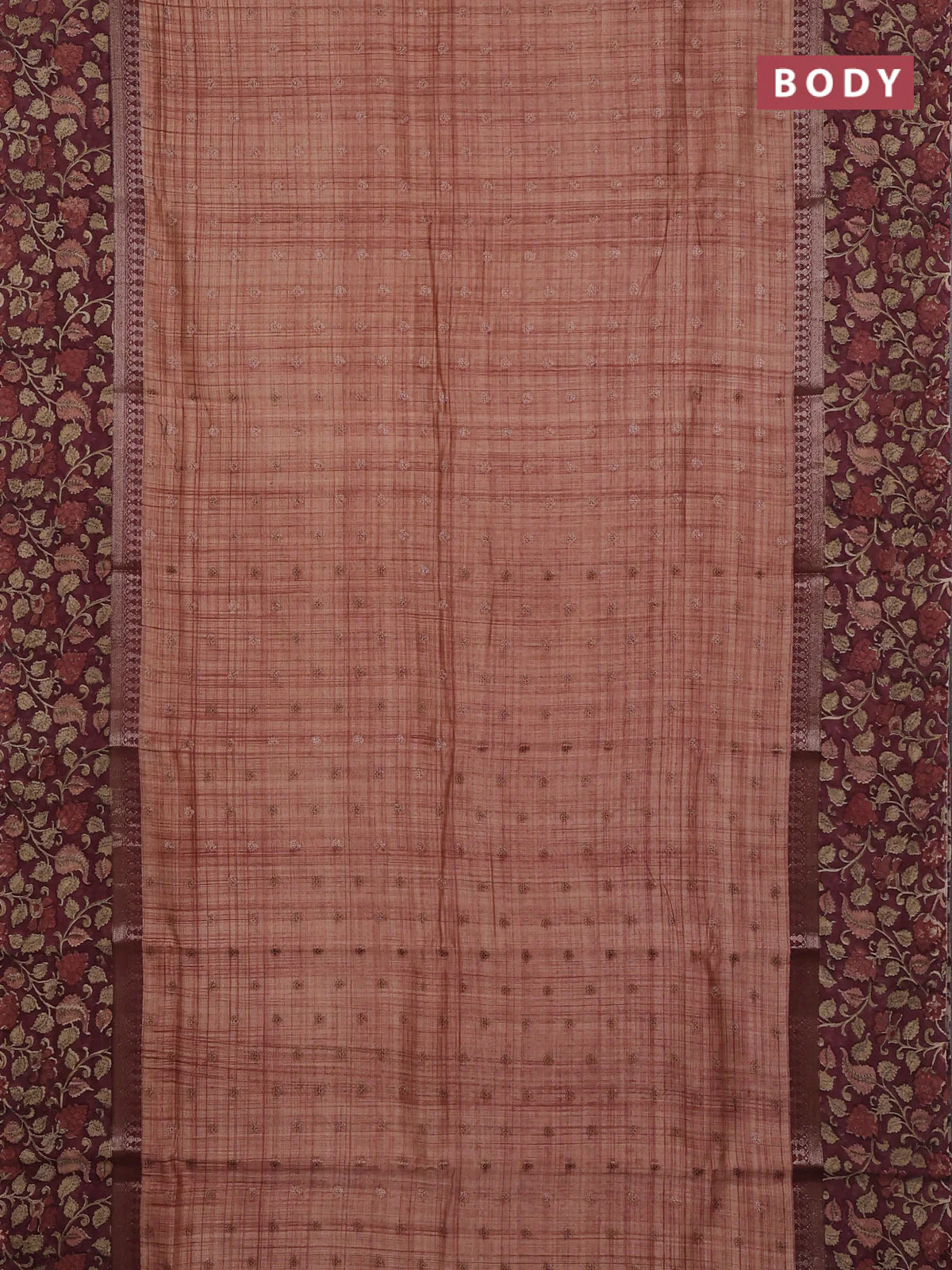Chanderi silk cotton saree rust shade and pastel maroon with allover zari buttas and printed border - Image 2