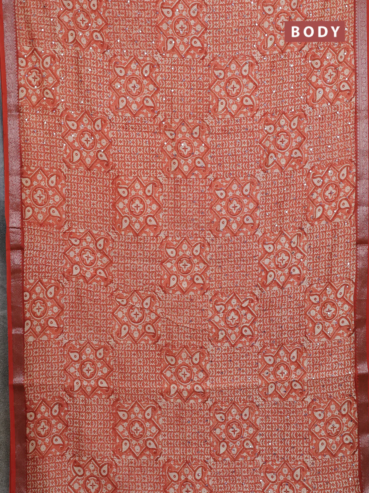 Chanderi silk cotton saree rust shade with allover prints & mirror work and banarasi style border - Image 2