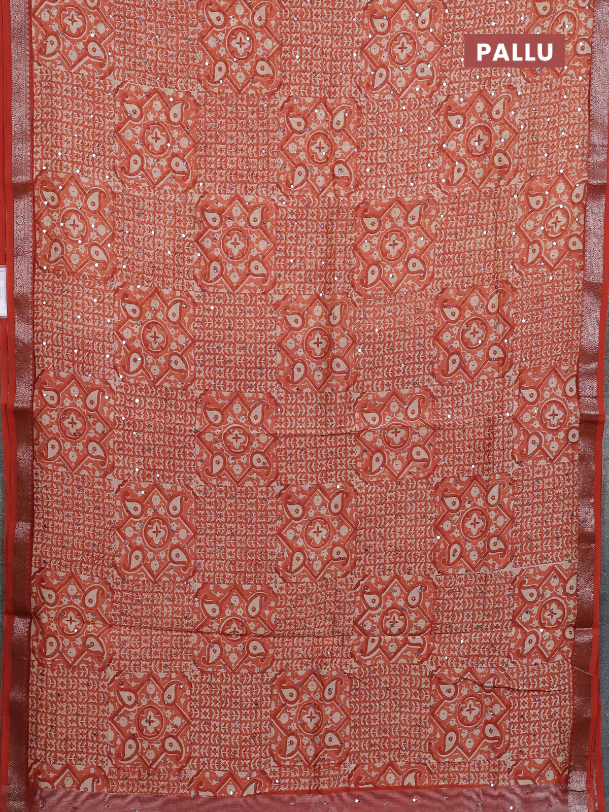 Chanderi silk cotton saree rust shade with allover prints & mirror work and banarasi style border - Image 3