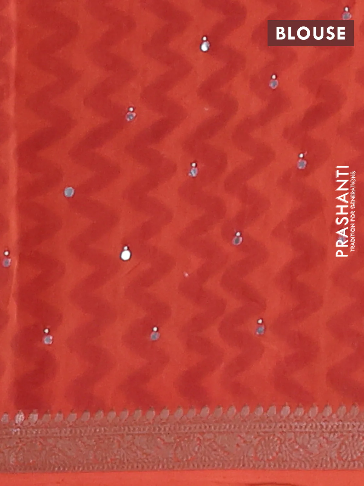 Chanderi silk cotton saree rust shade with allover prints & mirror work and banarasi style border - Image 4