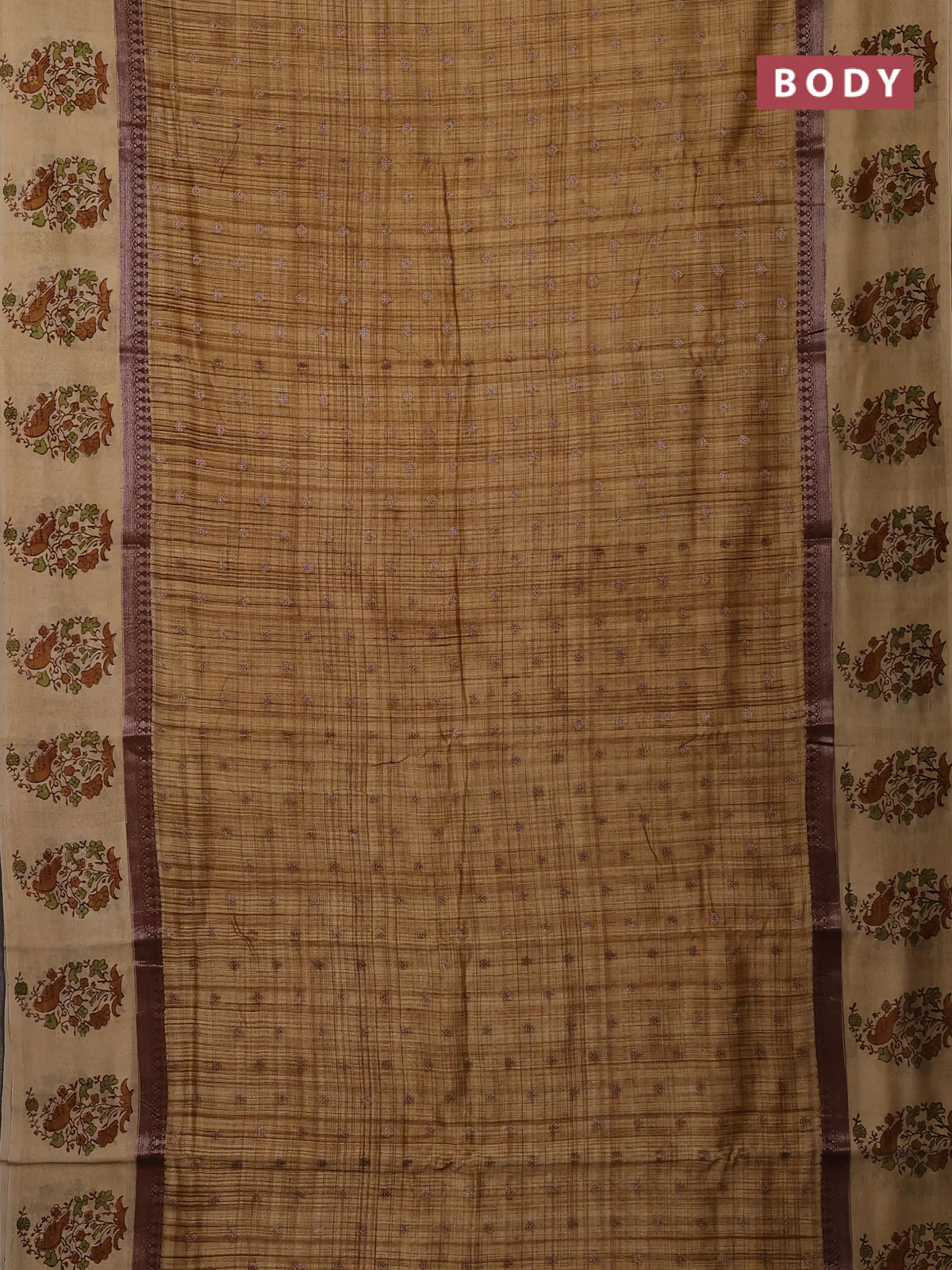 Chanderi silk cotton saree sandal and beige with allover zari buttas & prints and printed butta border - Image 2