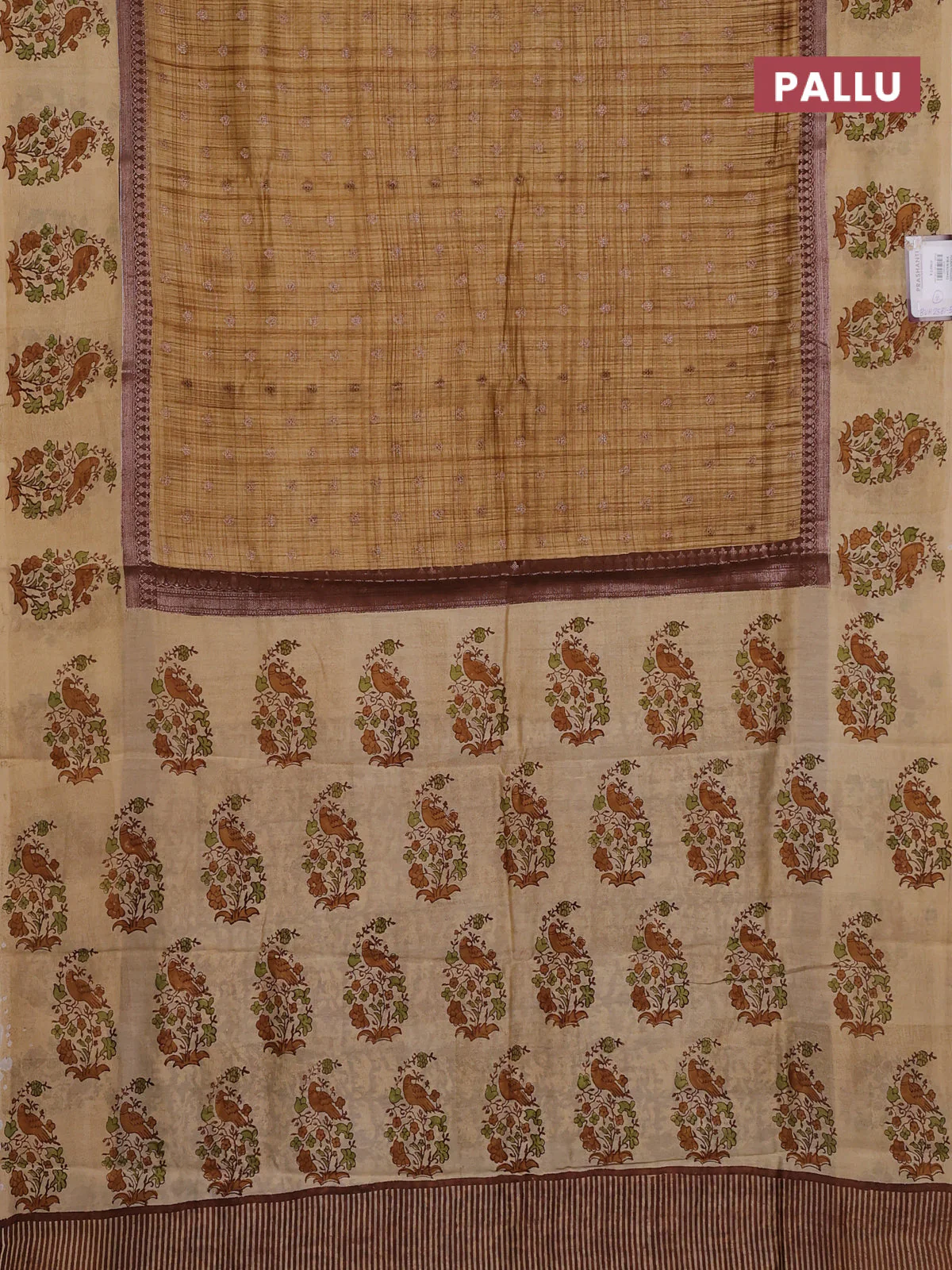 Chanderi silk cotton saree sandal and beige with allover zari buttas & prints and printed butta border - Image 3