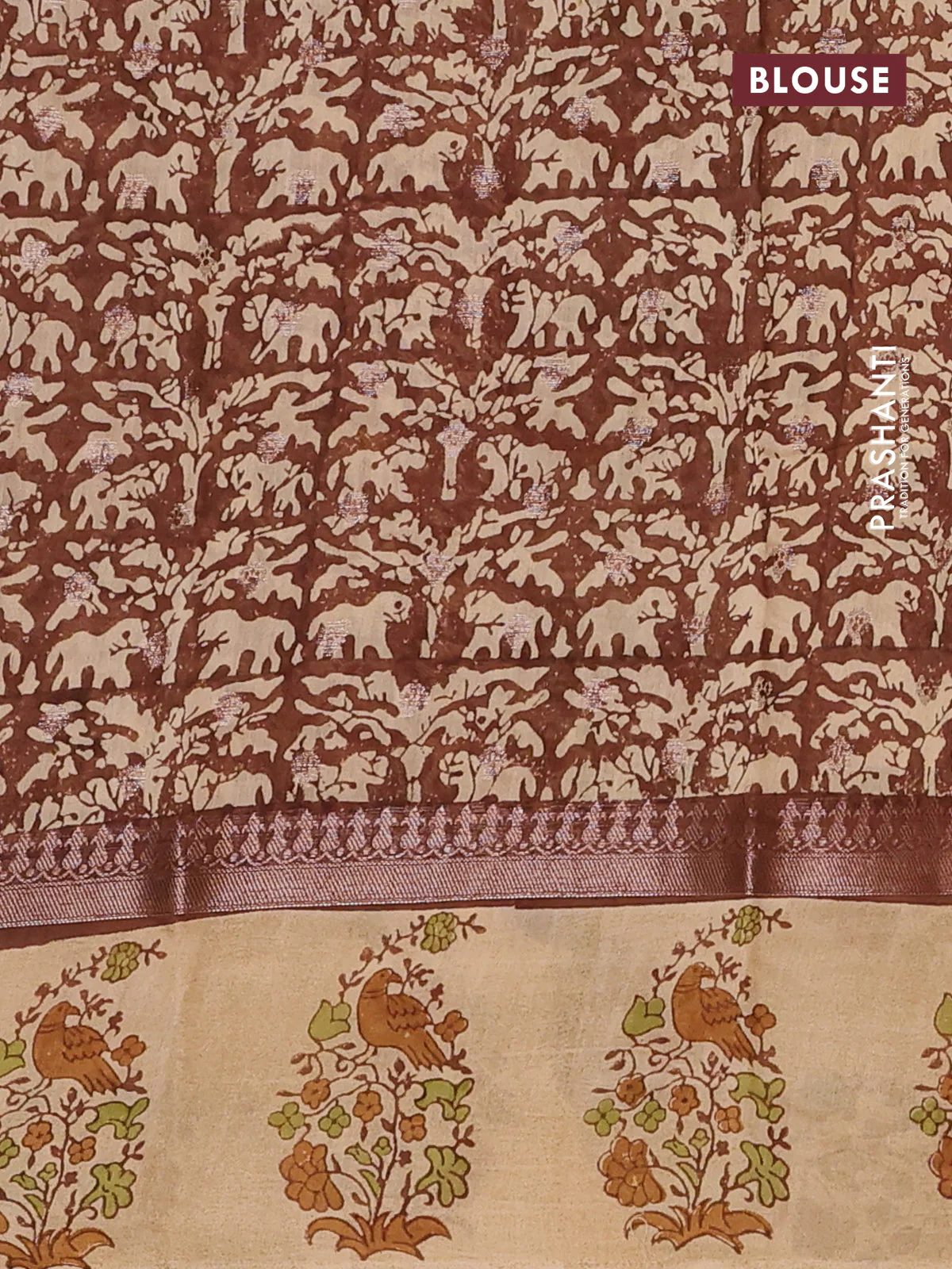 Chanderi silk cotton saree sandal and beige with allover zari buttas & prints and printed butta border - Image 4