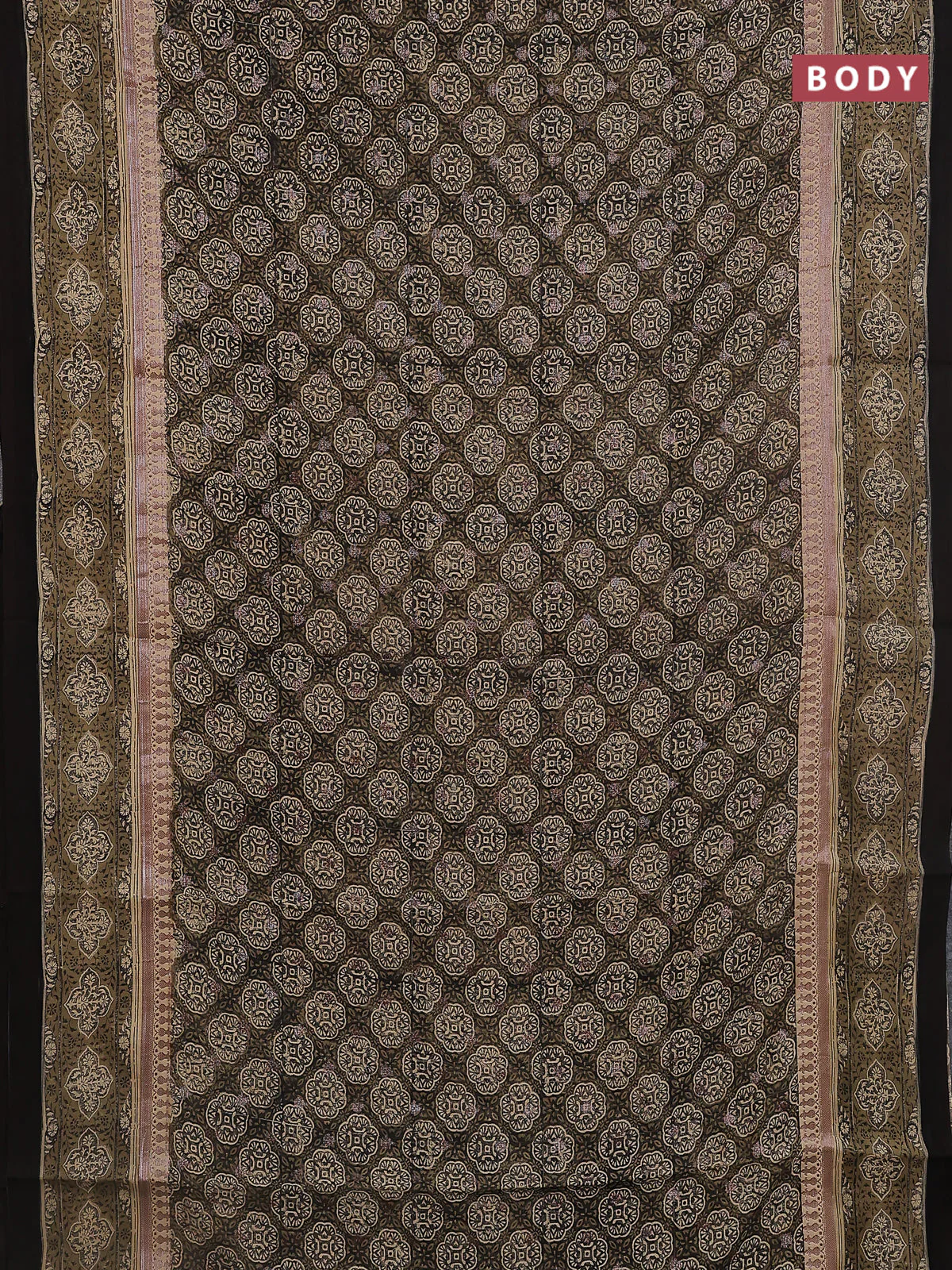 Chanderi silk cotton saree sandal and black with allover ajrakh prints & woven butats and printed border - Image 2