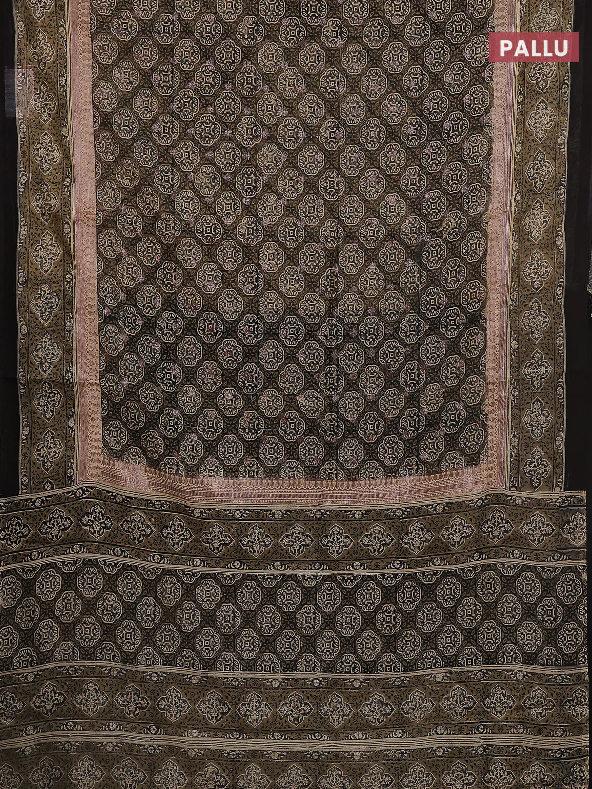 Chanderi silk cotton saree sandal and black with allover ajrakh prints & woven butats and printed border - Image 3