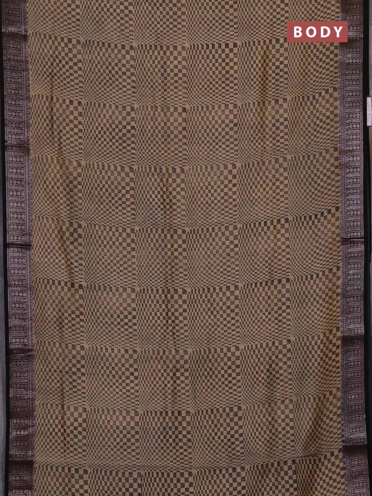 Chanderi silk cotton saree sandal and black with allover geometric prints and banarasi style border - Image 2