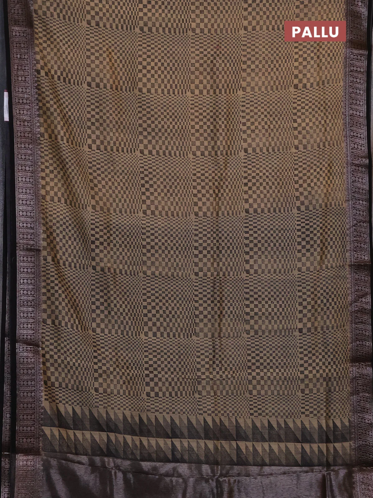 Chanderi silk cotton saree sandal and black with allover geometric prints and banarasi style border - Image 3