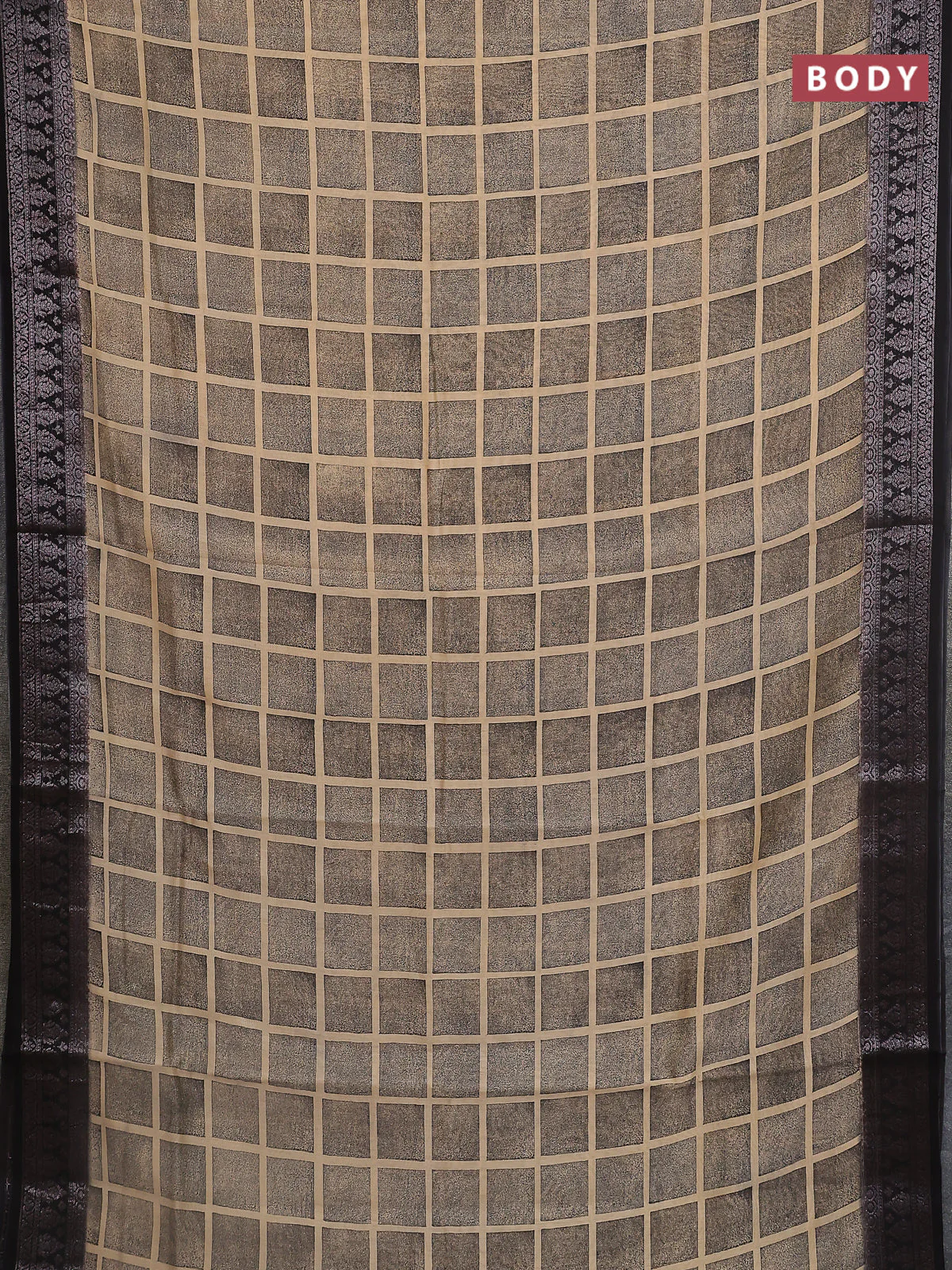 Chanderi silk cotton saree sandal and black with allover geometric prints and banarasi style border - Image 2