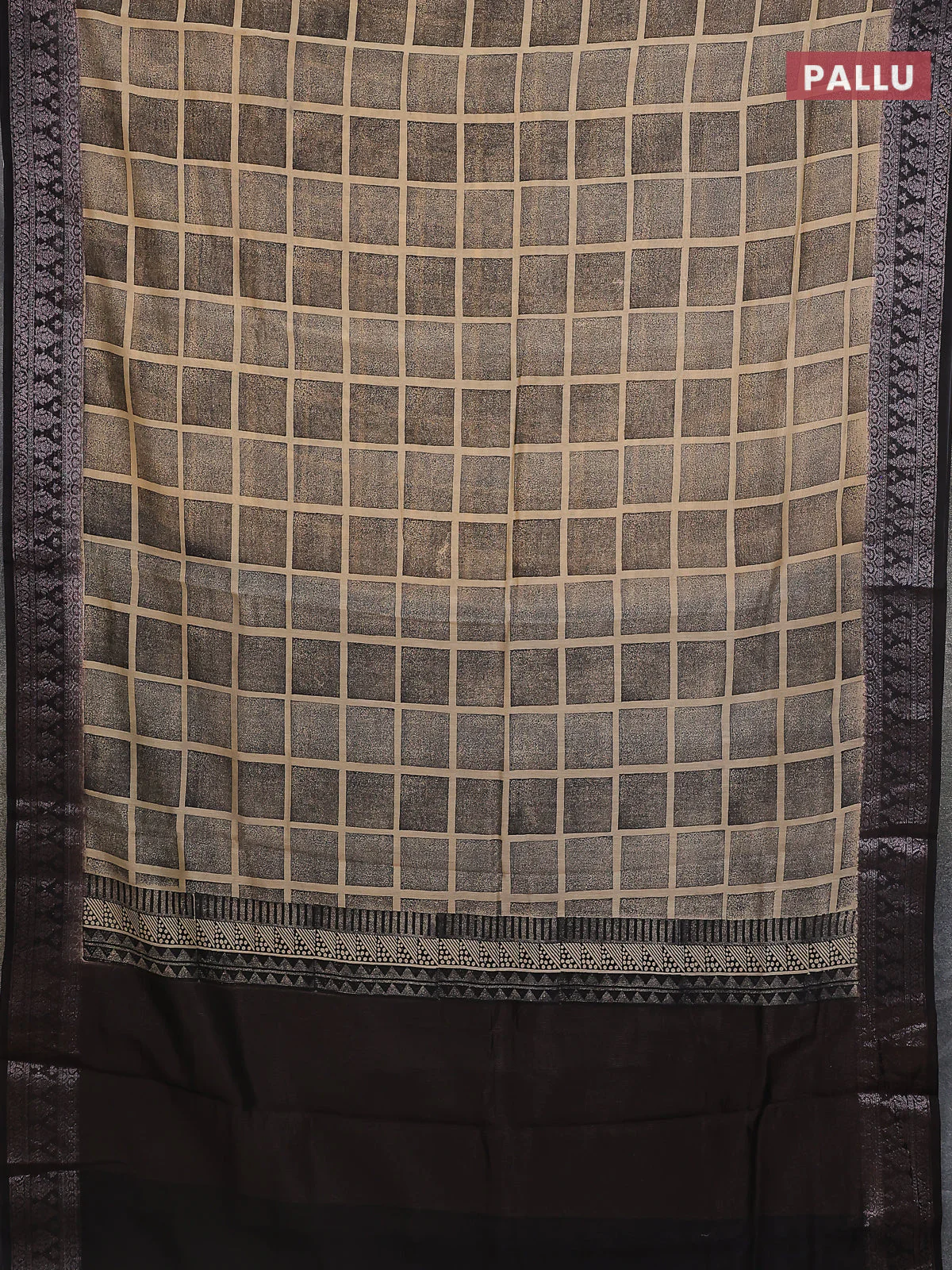 Chanderi silk cotton saree sandal and black with allover geometric prints and banarasi style border - Image 3