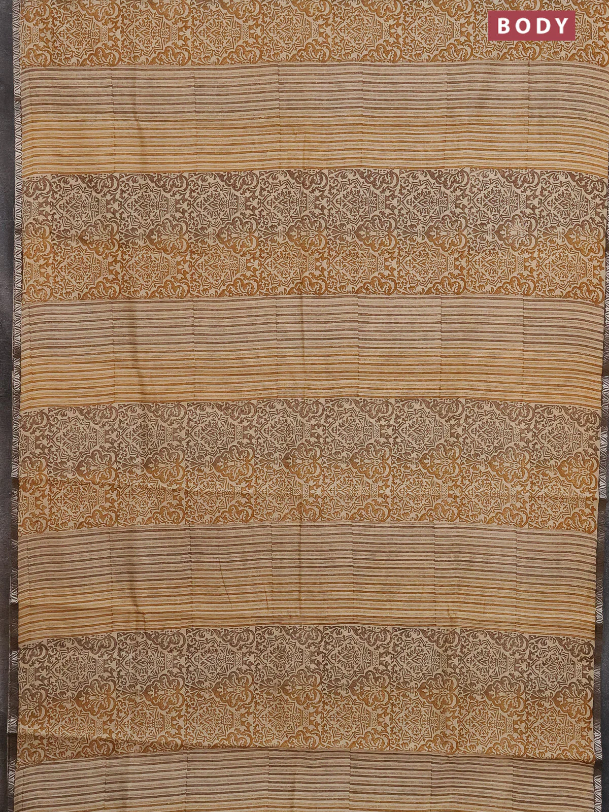 Chanderi silk cotton saree sandal and brown with allover prints and small zari woven border - Image 2