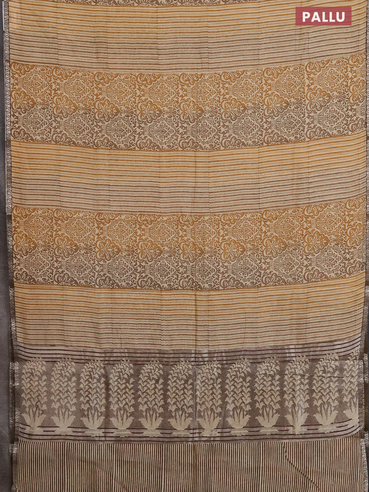 Chanderi silk cotton saree sandal and brown with allover prints and small zari woven border - Image 3