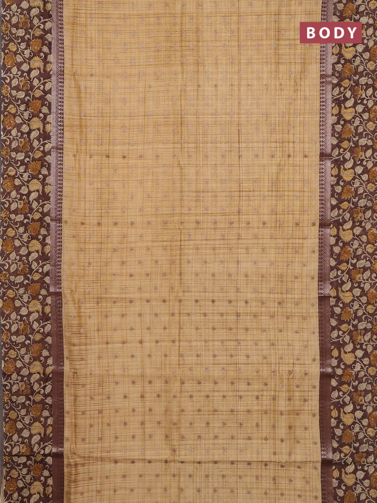 Chanderi silk cotton saree sandal and brown with allover zari buttas and printed border - Image 2